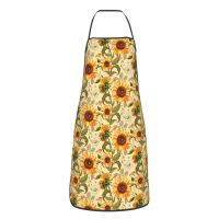 70s Vintage Golden Sunflowers Bib Aprons Men Women Unisex Kitchen Chef Retro Flowers Pattern Tablier Cuisine for Cooking Baking