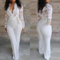 Lugentolo White Jumpsuit Women Lace Stitching Long Sleeve V-neck Plus Size Wide Leg Long Pants Office Lady Jumpsuits for Women