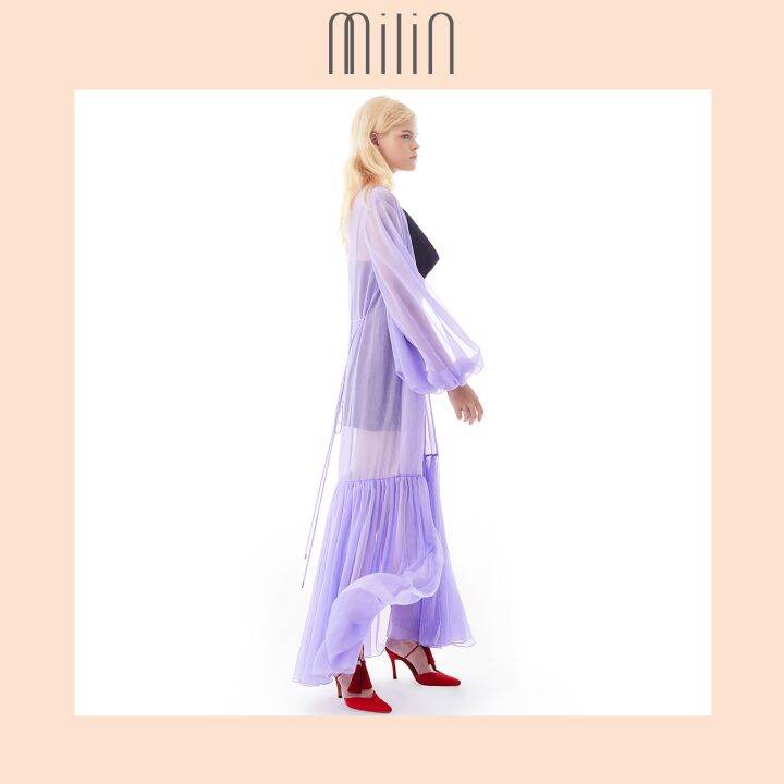 milin-balloon-sleeve-robe-with-ruched-hem-detail-เสื้อคลุม-ตัวยาว-ผ้าชีฟองโปร่ง-แขนทรงบอลลูน-violet-beige-สีม่วง-สีเบจ-gong-he-robe