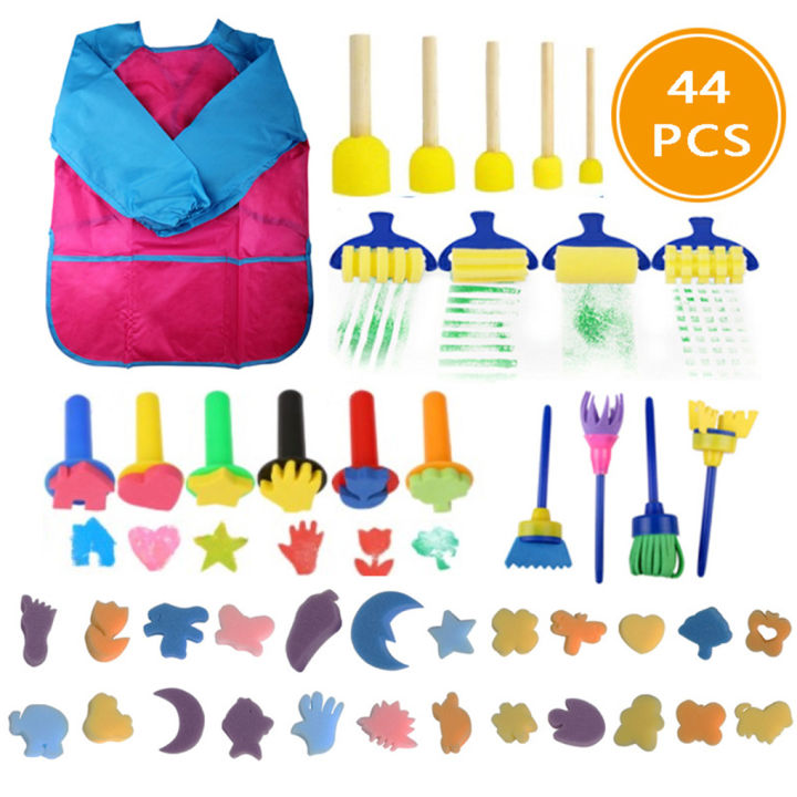 44pcs-sponge-painting-brushes-kit-mini-diy-painting-kits-early-learning-kids-paint-set-roller-sponge-brush-child-apron-play-gift