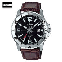 Velashop นาฬิกาข้อมือผู้ชายคาสิโอ CASIO Standard  สายหนังน้ำตาล หน้าปัดดำ รุ่น MTP-VD01L-1BVUDF, MTP-VD01L-1B, MTP-VD01L