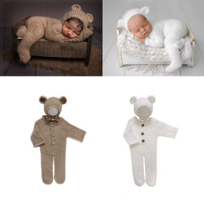 ❤️ เสื้อผ้าสำหรับเด็กแรกเกิด,หมวกมีหูหมีผ้าขนแกะ + ชุดหมี2ชิ้น/เซ็ตอุปกรณ์เสื้อผ้าถักอุปกรณ์เสริมถ่ายภาพสำหรับทารกสตูดิโอ