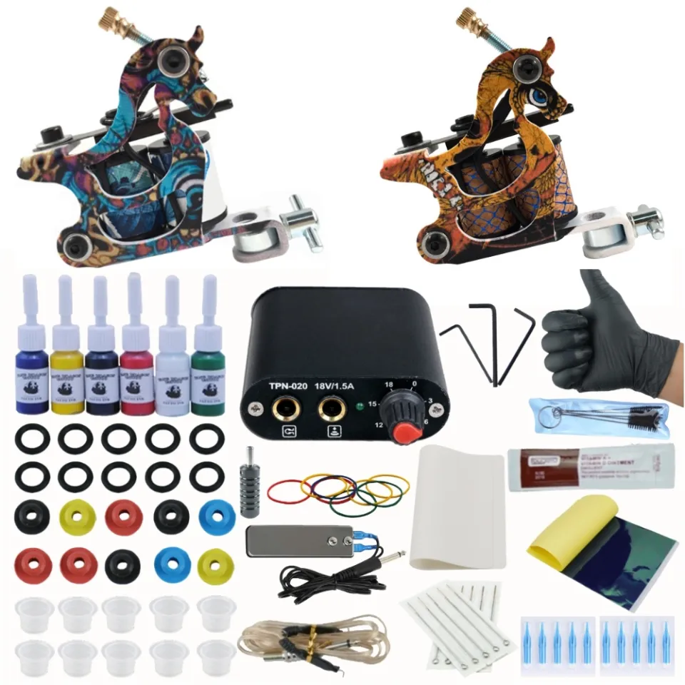 Professional rotary tattoo machine kit tattoo pen machine guns permanent  makeup with color inks power supply cartridge needles Red tattoo kit