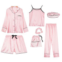 Pink Womens 7 Pieces Pajamas Sets Emulation Silk Striped Pyjama Women Homewear Set Girly style Fashion Spring Autumn sleepwear