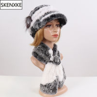 New Women Winter Knit Real Rex Rabbit Fur Hat Scarf Sets Natural Warm Fur Cap Scarves 2 Pieces Girl Quality Real Fur Hat Muffler