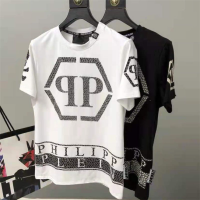 PHILIPP PLEIN เสื้อยืดแขนสั้นของผู้ชาย,เสื้อยืดอินเทรนด์ตัวอักษรพลอยเทียมพิมพ์ลายใหม่เสื้อแฟชั่นผ้าฝ้ายประณีต