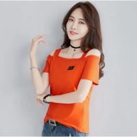 Off-the-shoulder short-sleeved womens t-shirt summer 2021 new Korean version of the word neck design sense of thinning bottoming shirt slim top