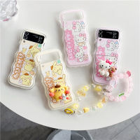 เคสนิ่มลายคลื่นสำหรับ Samsung Galaxy Z Flip5 4 3 5G TPU ลายการ์ตูน Pochacco ป้องกันการขีดข่วนฝามีสายรัด + ที่วางโทรศัพท์