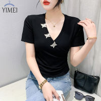 YIMEI เสื้อยืดผู้หญิงผ้าคอตตอนสวยๆคอวีแขนสั้นเกาหลีใหม่สำหรับฤดูร้อน2023อเนกประสงค์แฟชั่นเผ็ดร้อนเสื้อยืดสั้นผู้หญิง