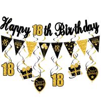 Gold Black Happy 18th 30th 40th 50th 60th Birthday Banner Hanging Bunting Garlands 18 30 40 50 60 Years Old Adult Birthday Party Banners Streamers Con