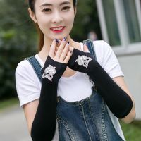 Female Cute Winter Warm Long Knit Fingerless Dance Sleeves Women Cool Cartoon Owl Rabbit Diamonds Rivet Sequins Cuff Gloves A40