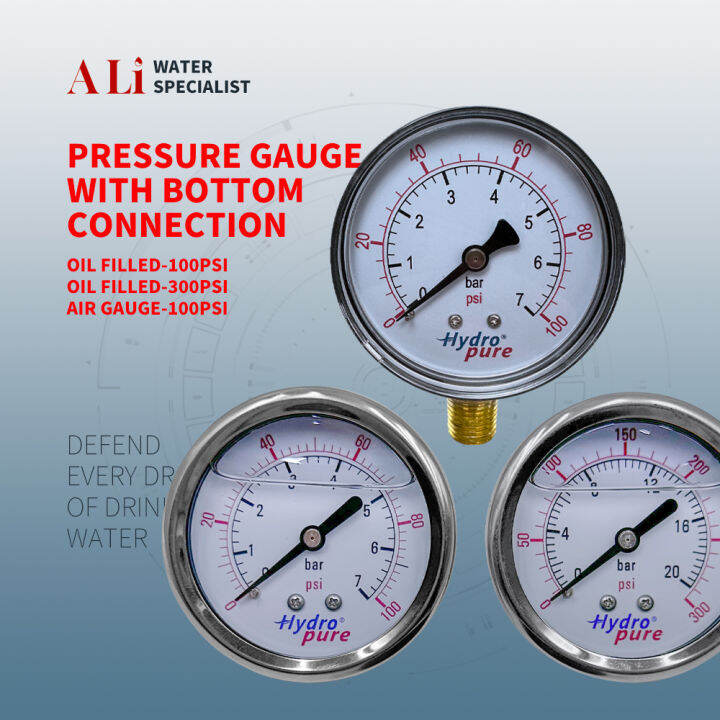 Hydropure Air Oil Pressure Gauge 0100psi Water Pressure Gauge/Oil Filled Pressure Gauge 300psi