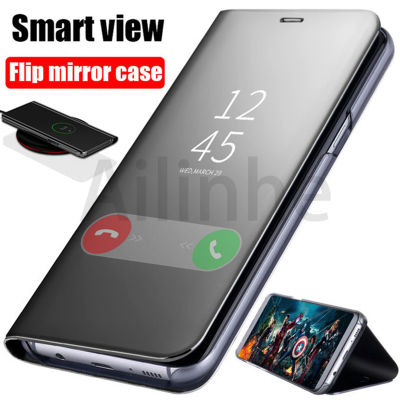 สำหรับ Samsung Galaxy A10 A20 A30 A50 A70 A70S A80 A90เคสกระจกสมาร์ทพับฝาเป็นฐานฝาครอบโทรศัพท์หนังแม่เหล็ก PU