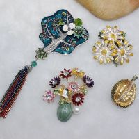 Fashion Vase flower Arrangement Painted Pearl Drop Oil Enamel In Personality Daisy Retro Tassel Life Tree Antique Brooch