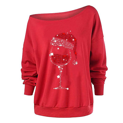 2023 Christmas Sweatshirt Pullover Women S Casual Skew Collar Christmas Print Long Sleeve Pullover Top New Year Clothes Hooded