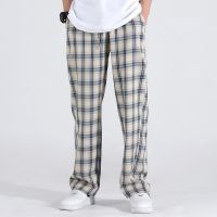 COD SDFGERTERT M-5XL Korean Style Fashion Loose Plus Size Casual Straight Cut Plaid Pants Men