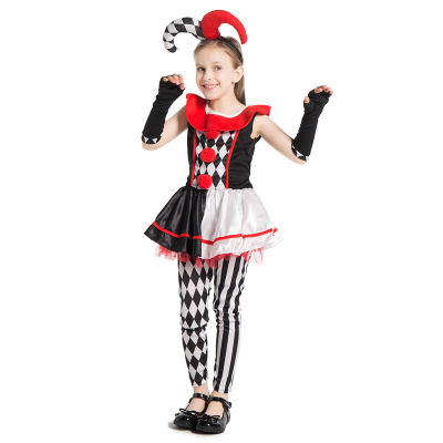 Girls Evil Harlequin Honey Jester Costume Childs Zombie Circus Halloween Fancy Dress