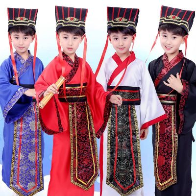 เครื่องแต่งกายสำหรับเด็ก Romance of the Three Kingdoms ฤดูใบไม้ผลิและฤดูใบไม้ร่วง Hanfu Boys หนังสือเรียนเล่นเครื่องแต่งกายโบราณ Zhuge Liang Cao Cao Lu Sunan