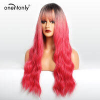 oneNonly Long Body Wave Synthetic Wigs for Women Human Hair with Bangs Ombre Black Brown Pink Red Wig Halloween Lolita Cosplay