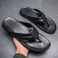 Trend Men Flip-flops Leather Slippers Casual Beach Summer Shoes Male Flat Non-Slip Comfortable Classic Black Slides Plus Size