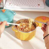 【The bowl of orange】Kawaii Instant Ramen Mangkuk Bertutup ช้อนน่ารักสแตนเลสความจุมากก๋วยเตี๋ยวสลัดผลไม้ชุดชามซุป KitchenTableware