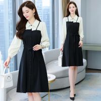 [COD] 2023 fake two-piece long-sleeved French dress womens college style new slim Hepburn deconstructed little black