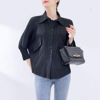 2023 Hot Designed lantern sleeve solid color pleated shirt for women  spring new style temperament commuting versatile slimming top