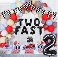 CHEEREVEAL Two Fast Birthday Decorations Boy - Race Car 2nd Party Decorations Balloon Garland Kit With TWO FAST Foil Balloon Cake Topper Checkered Table Cloth Pennant For Car Birthday Party Supplies 2nd Birthday