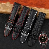 ✟ 18/20/21/23/22mm 24mm Carbon Fibre Cowhide Leather Watch Strap Men Women Sport Waterproof Band Bracelet Stainless Steel Buckle