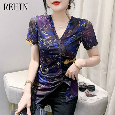 REHIN เสื้อเบลาส์ของผู้หญิงเสื้อยืดคอวีตาข่ายแขนสั้นผ่าข้างเข้ารูปแบบพิเศษพิมพ์ลายใหม่สำหรับฤดูร้อน