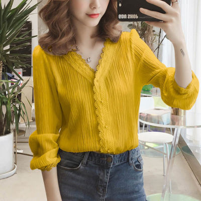 Autumn V-Neck Puff Sleeve Solid Womens Blouse Striped Lace Shirts Plus Size Long Sleeve Single Breasted Shirts Chic 11087
