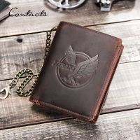 ZZOOI CONTACTS Genuine Leather Wallets for Men Short Trifold Coin Purses Metal Chain RFID Card Holder Men Money Clip Mens Wallets