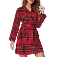 Red Black Plaid Pajama Robe V Neck Vintage Royal Tartan Elegant Dress Lady Long Sleeve Casual Loose Bathrobe Print Pajamas Robes