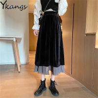 Vintage Black Velvet Stitching Skirt Women Winter Elastic High Waist Long Skirt Korean Design Fashion Kawaii Midi A-Line Skirt