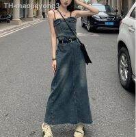 【hot】☒ஐ  less denim dress for female niche design. waistband shows slimming fringes with edges. girl long