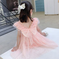 Bowknot Girls Princess A-Line Dress ชุดเดรสแขนกุด Sweet Lace Tank Top Thin Backless Princess Mesh Dress