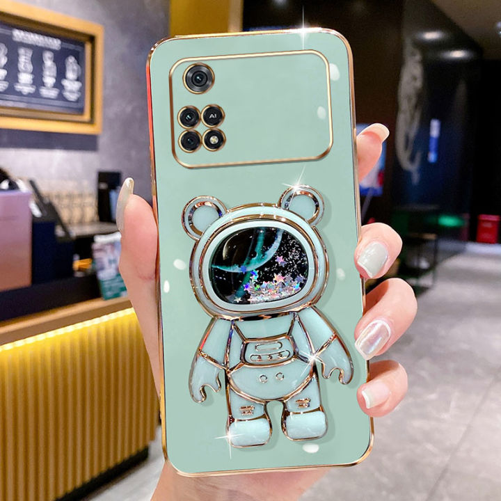 andyh-phone-case-for-xiaomi-poco-x4-pro-5g-6d-straight-edge-platingquicksand-astronauts-space-bracket-soft-luxury-high-quality-new-protection-design