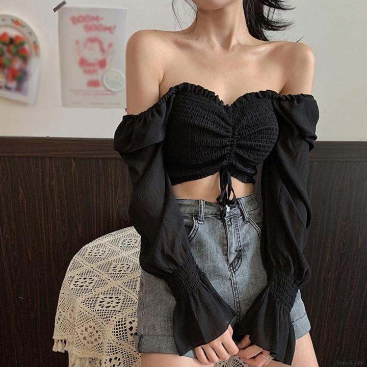 women-square-collar-y-pleated-drawstring-long-sleeves-crop-blouse