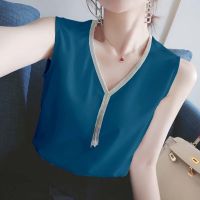 COD dsgrtytrytry New style Silk Satin Basic shirt V-neck Fashion Tassel Sleeveless Tank Tops Casual Women Clothes