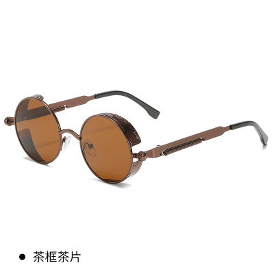 【Hot sales】 ใหม่แว่นกันแดดโลหะ Steampunk แว่นตากันแดดกรอบโลหะย้อนยุคกรอบกลมหนากรอบแว่นตากันแดดขากระจกสปริง