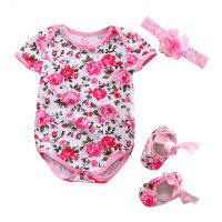 Summer Newborn Baby Girl Clothes Floral Leopard Romper Short Sleeve Jumpsuit+Shoe+Hairband 3Pcs Outfits Set  by Hs2023