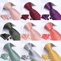 DiBanGu Men Tie Solid Pink Color Formal Wedding Necktie Silk Jacquard Woven Tie Handkerchief Cufflinks For Men Business Suit