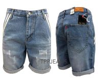 TPPJEANS MICRO Shorts Denim กางเกงยีนส์ขาสั้นชายสีบลูฟอกซีดแต่งขาด กระเป๋าเฉียงแถบหนัง เป้าซิป  Size 28-36 รับชำระปลายทาง.