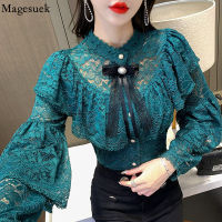 Elegant Fashion Lace Bottoming Womens Shirt Autumn Hollow Flower Ruffle Blouse Bow Beading Long Sleeve 6 Colors Blusas 16889