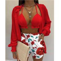 Print High Waist Bikini Sets Women Long Sleeve Shirt Shorts Swimsuit Three Pieces Summer Sexy Lace Up Beachwear Bathing Suit