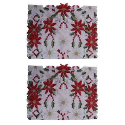 2X Christmas Embroidered Table Runner, Luxury Holly Poinsettia Table Runner for Christmas Decorations, 15 x 70 Inch