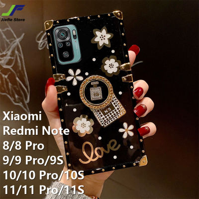 JieFie เคสโทรศัพท์น้ำหอม,เคสสำหรับ Xiaomi Redmi Note 10S / 10 / 10 Pro / Note 9 / 9S / 9 Pro / Note 11/11S/11 Pro / Note 8 / 8 Pro เคสสี่เหลี่ยมแฟชั่นลายดอกไม้แวววาวเคสโทรศัพท์โครเมียม TPU กันกระแทก + ขาตั้งแหวน