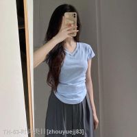 ► Right shoulder V-neck pure desire waist milk blue T-shirt for women in summer hot girl design pleated curved hem short-sleeved top