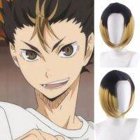 FGJHD กางเกงขาสั้นแบบสั้น Haikyuu!! วิกคอสเพลย์ ผมสังเคราะห์ สีดำสีดำ วิกผม nishinoya Yuu วิกผมฮาโลวีน ขนปุยฟู วิกผม kozume kenma สำหรับผู้ชาย