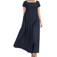 แขนสั้นคอเหลี่ยมเดรสสวิงขนาดใหญ่ Solid Elegant Long Dresses Cotton Linen Comfy Dress Cheap Casual Womens Dresses